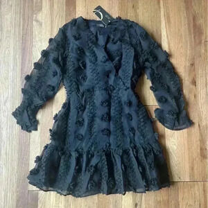 NWT Black Textured Pom Pom Mini Dress Women‎ Sz 38 Whimsigoth Holiday Party